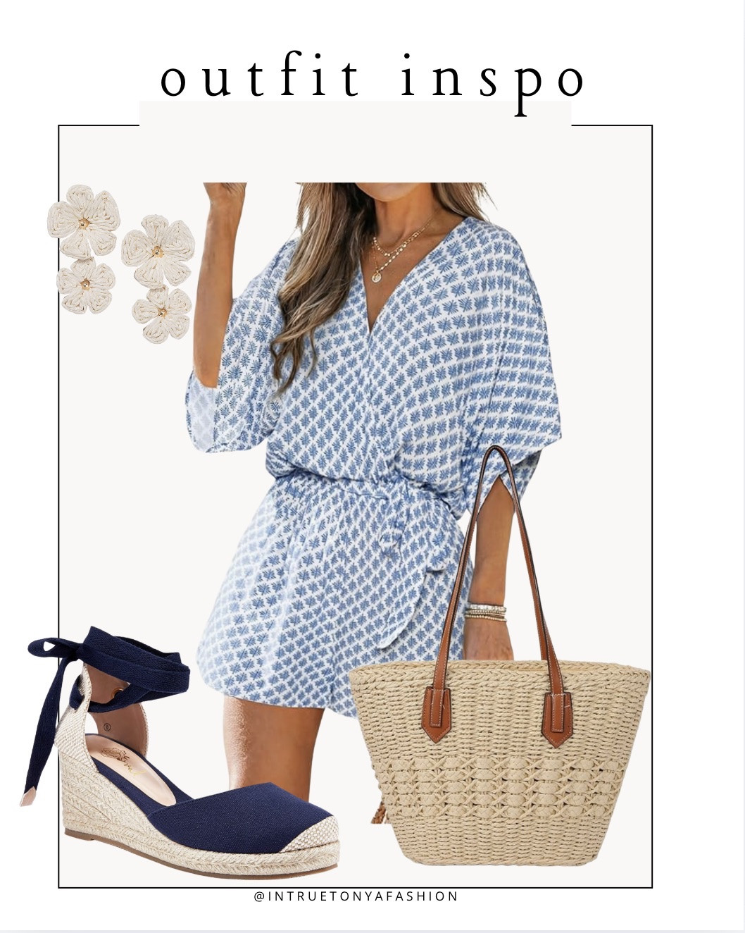 Vacation outfit from amazon — romper, straw tote bag, flower earrings, and navy espadrille sandals 





Vacation outfits 
Resort wear 2026
Beach vacation outfit
Summer outfit 
Summer romper
Summer sandals 

#LTKSaleAlert #LTKPetite #LTKootd