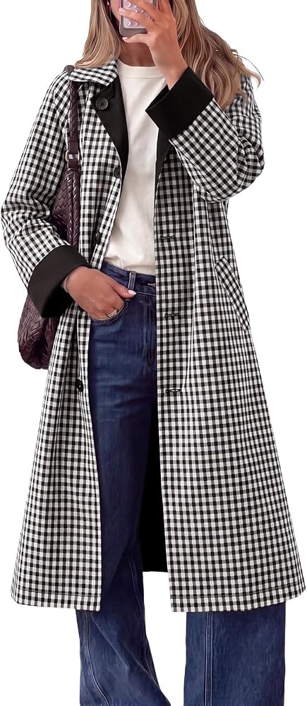 Tankaneo Womens Long Trench Coat Plaid Reversible Windproof Overcoat | Amazon (US)