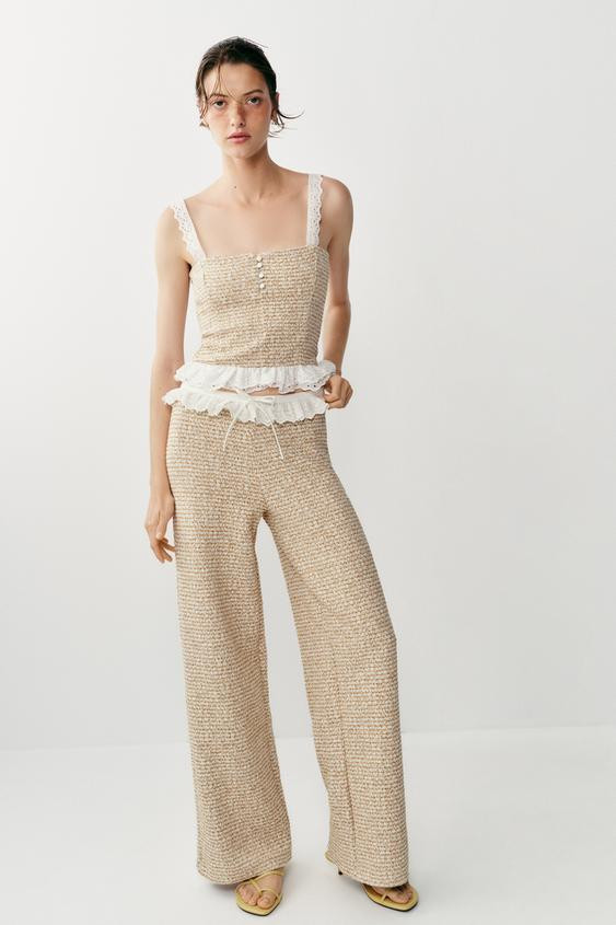 Zara - Combined Textured Top - Ecru / Brown - S - Woman | Zara UK