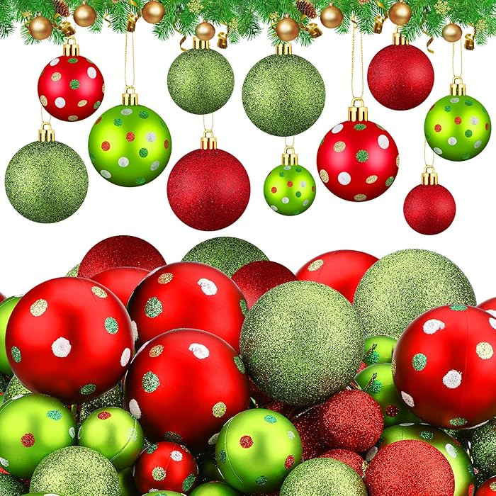 68 Pcs Christmas Tree Ball Ornaments 2.4 1.6 1.2 Red Green Glittering Hanging Xmas Ball Lime Gree... | Amazon (US)