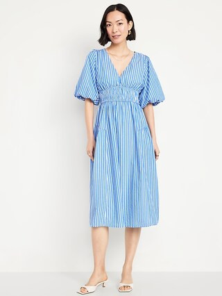 Waist-Defined Puff-Sleeve Midi Dress | Old Navy (US)