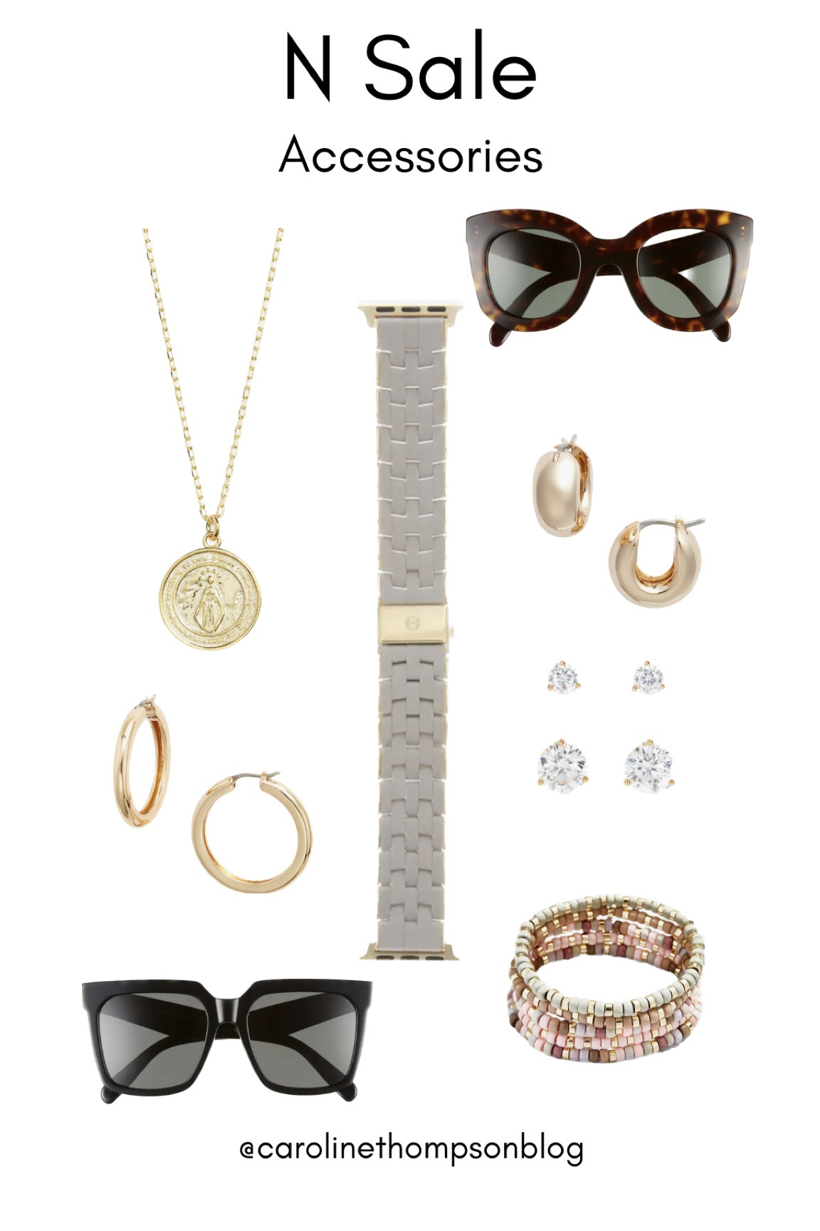 Accessories from the N sale I’m loving. Apple Watch band. Bracelet. Earrings. Huggies. Coin necklace. Sunglasses.

#LTKunder100 #LTKxNSale #LTKsalealert
