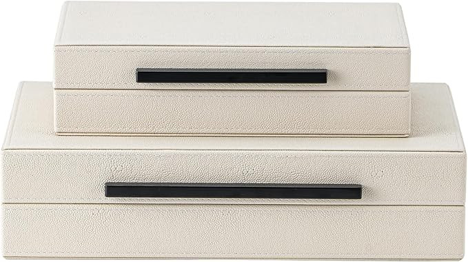 Set of 2 Beige Shagreen Decorative Storage Boxes with Black Metal Handles –Faux Leather Large M... | Amazon (US)