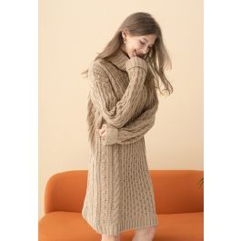 Turtleneck Cable Knit Sweater Dress in Tan | Chicwish