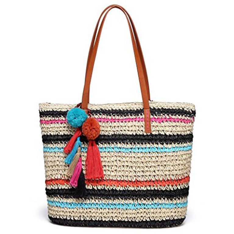 Daisy Rose Large Straw Beach Tote Bag for Women with Pom Poms and Inner Pouch -Vegan Leather Hand... | Walmart (US)