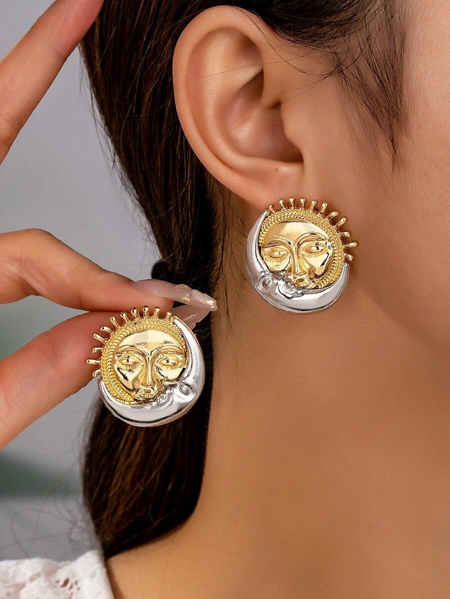 1 Pair Women's Fashionable Personalized Metal Geometric Sunflower Smiling Face Moon Design Earrin... | SHEIN
