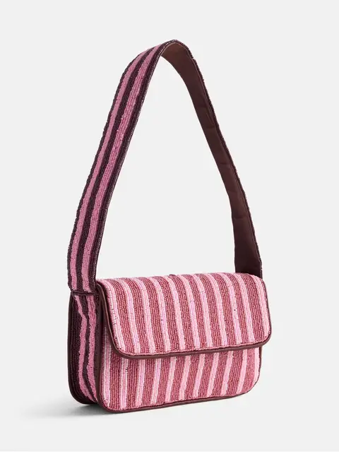 Free Assembly Women's Beaded Striped Flap Shoulder Bag, Pink