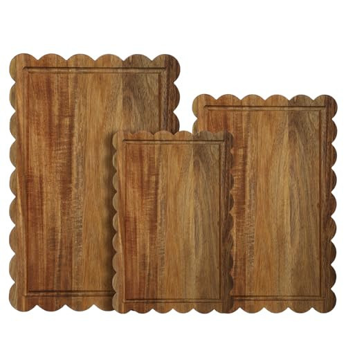 Acellegic 3 Pcs Acacia Wood Scalloped Cutting Boards for Kitchen with Juice Groove Blank Wood Charcuterie Tray for Snack Cheese Appetizers Grazing Platter Engraving Gift Crafts Rustic Wall | Amazon (US)