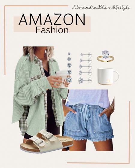 Amazon fashion finds! Waffle knit button up shirt, draw string elastic waist jean shorts, slide sandals, diamond stud earrings, diamond ring, and coffee mug! Cute casual summer outfit! Spring outfit!

#LTKshoecrush #LTKstyletip #LTKfindsunder50