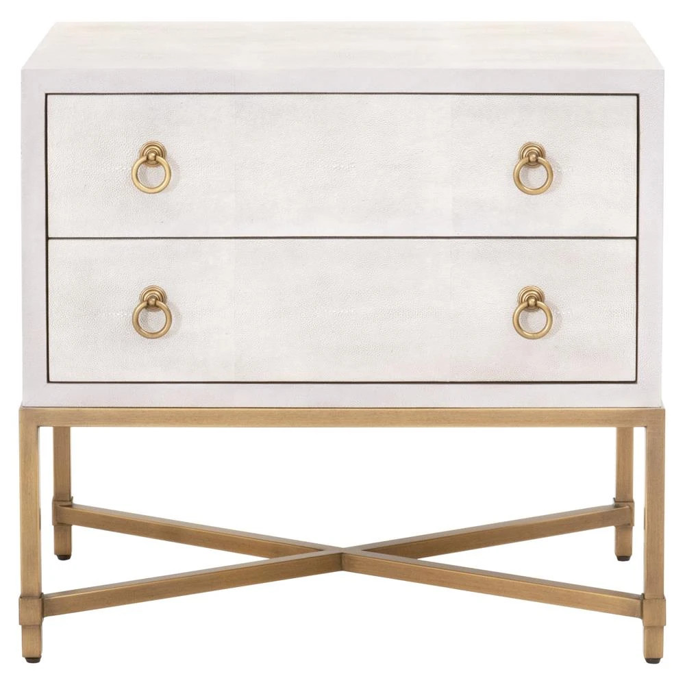 Simon Modern Pearl White Faux Shagreen Brushed Gold Metal 2 Drawer Nightstand | Kathy Kuo Home