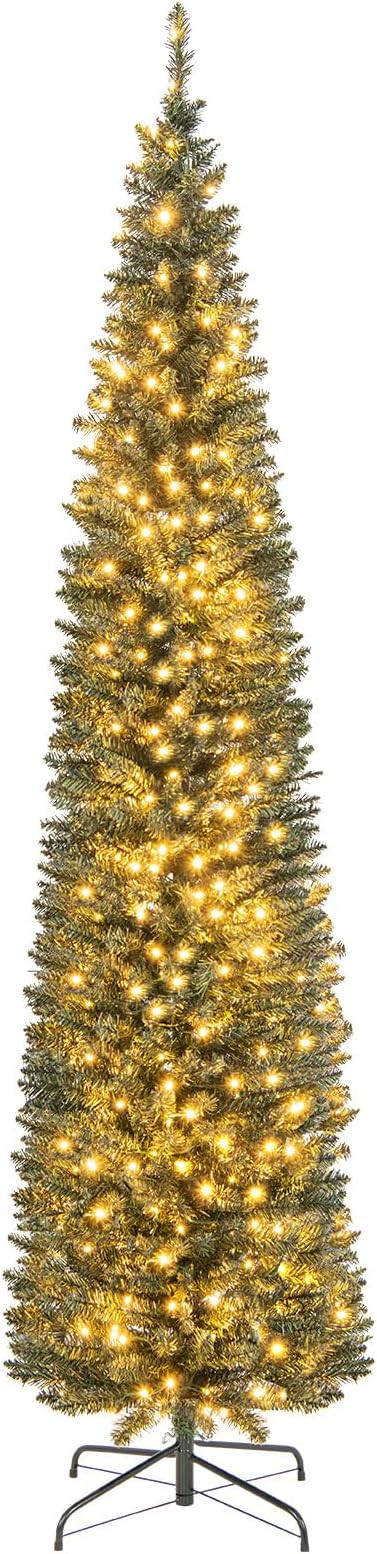 Goplus 8ft Pre-Lit Pencil Christmas Tree, Artificial Slim Xmas Tree with 300 Warm-White LED Light... | Amazon (US)