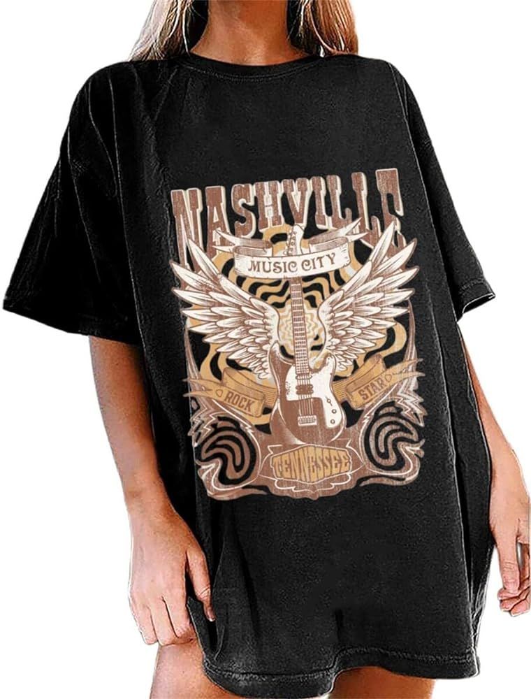 Oversized Nashville Shirts Women Country Music Concert Outfits Casual Rock Band Graphic Tee Tops ... | Amazon (US)