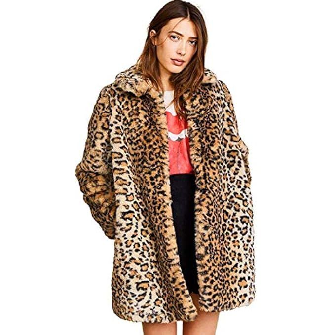 Women Warm Long Sleeve Parka Faux Fur Coat Overcoat Fluffy Top Jacket Leopard | Amazon (US)