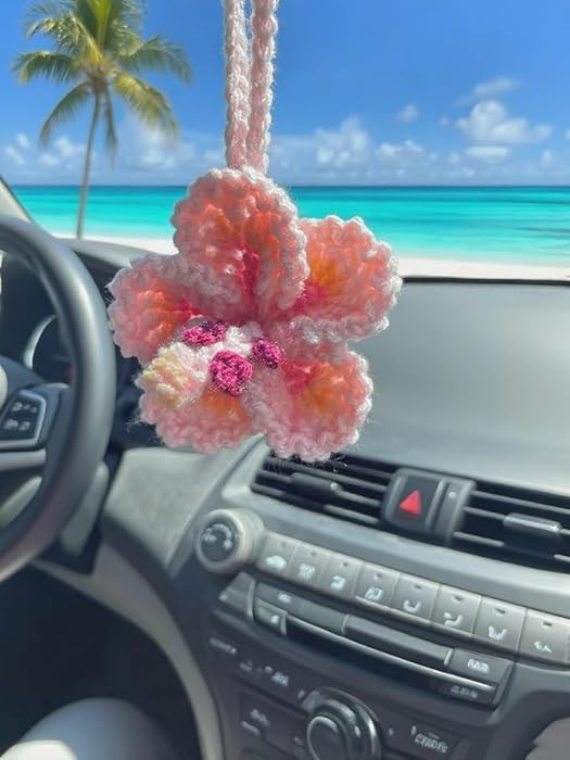 Hibiscus Flower Car Hanging Ornament,Crochet Hawaiian Tropical Flowers Bag Charms Decor Car Rear ... | Amazon (US)