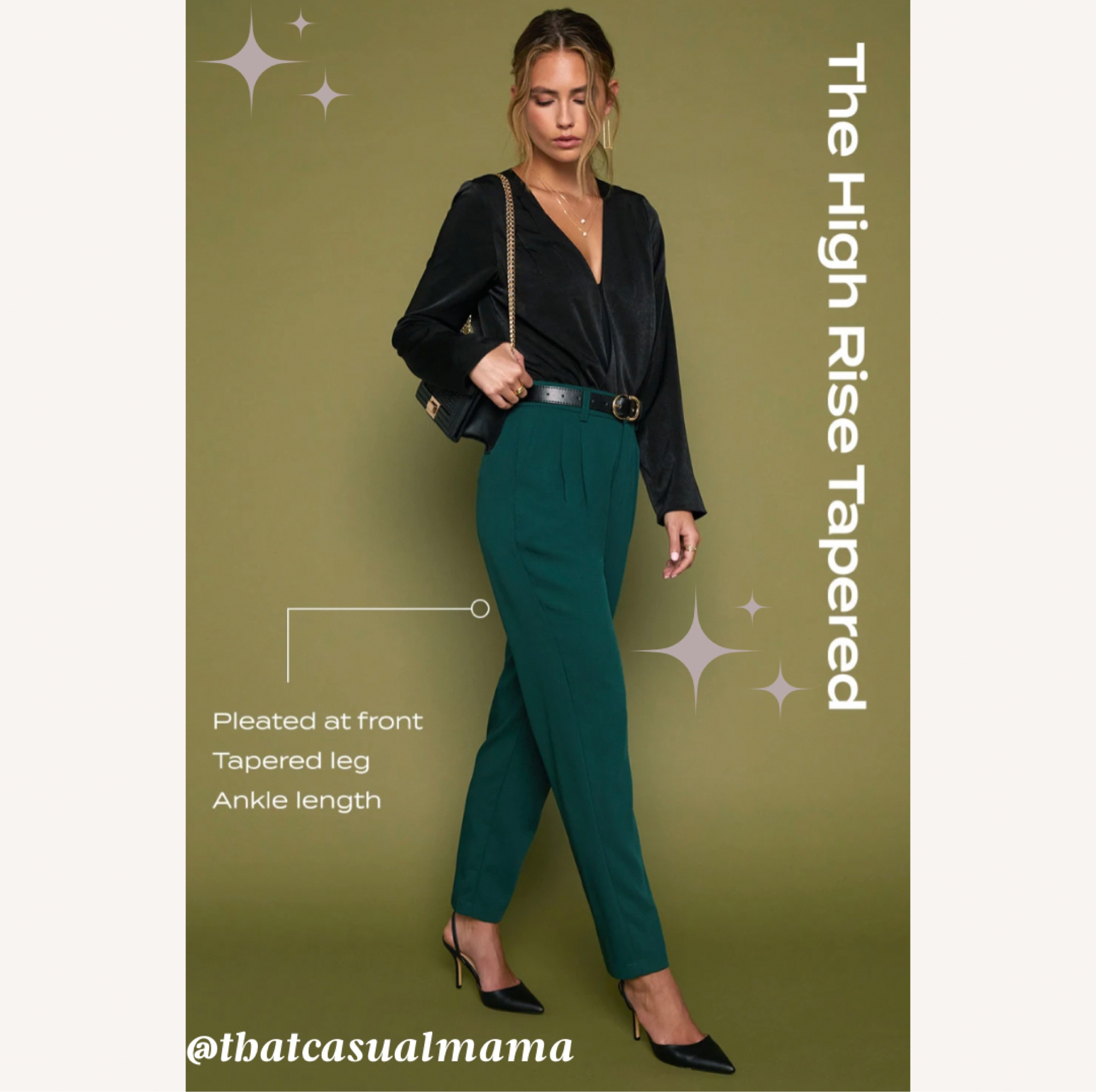 Fall office style: Emerald Twill High Rise Tapered Trouser Pants, Black Suede Pointed-Toe Ankle Strap Pumps, Black Double Buckle Belt, black long sleeve bodysuit.
#teacherstyle #officestyle #girlboss #fallstyle #falloutfit

#LTKsalealert #LTKSeasonal #LTKworkwear
