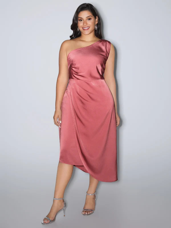 One-Shoulder Draped Asymmetrical Hem Midi Dress | Bloomchic