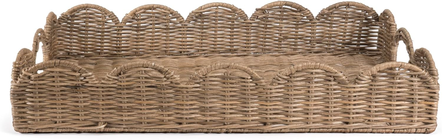 happimess TRY1000A Scalloped 21.5" Southwestern Cottage Hand-Woven Rattan Tray with Handles for Storage,Decoration, Display, Coffee Table or Serving Food, Natural | Amazon (US)