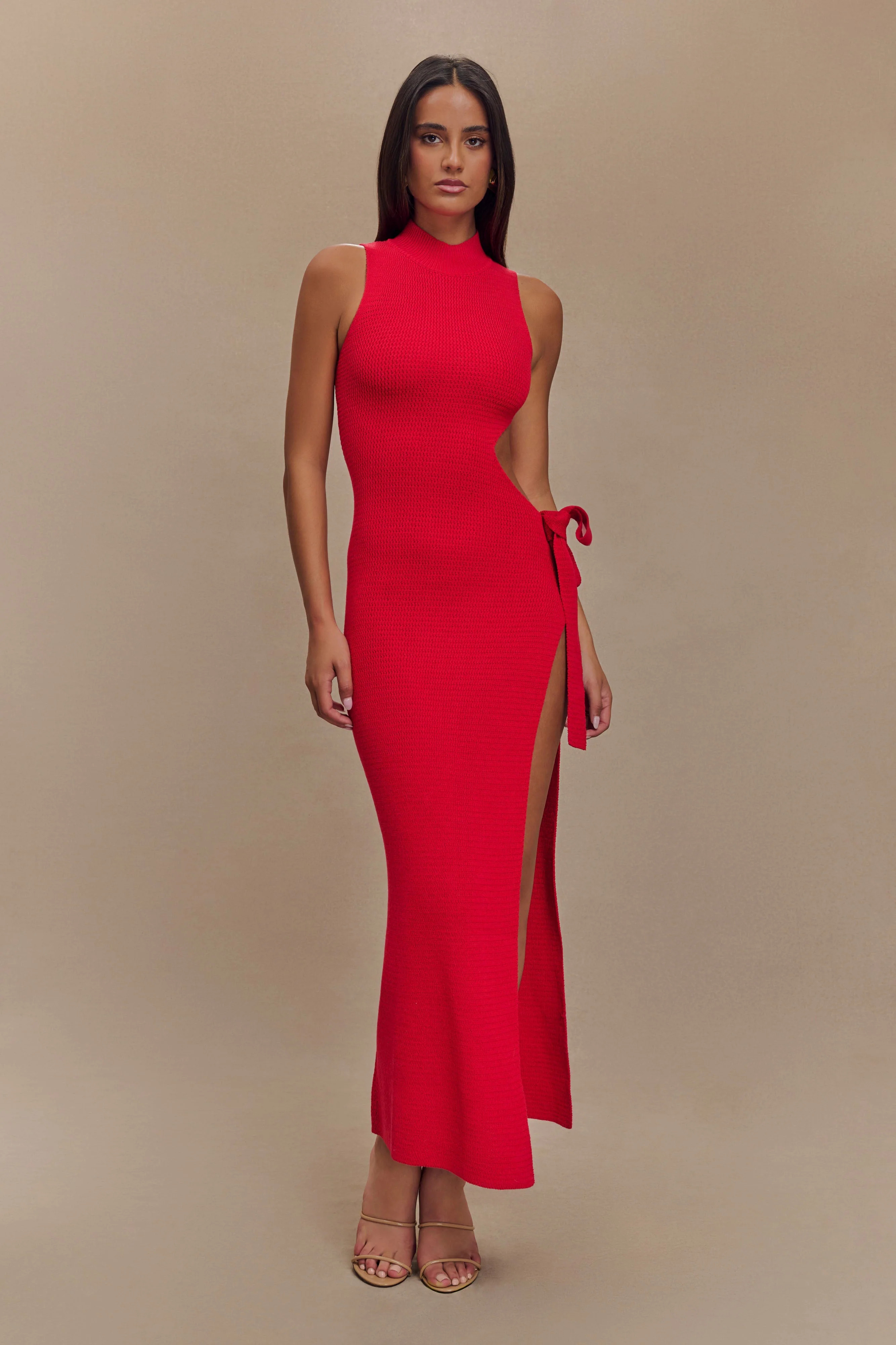 Stephanie Cut Out Knit Maxi Dress - Red | MESHKI US