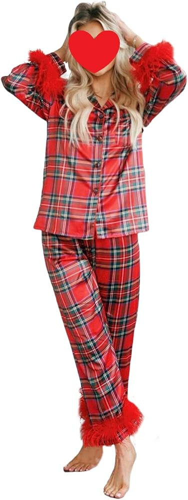 FEORJGP Women 2 Piece Christmas Pajamas Set Outfits Plaid Long Sleeve Button Down Shirt with Pant... | Amazon (US)