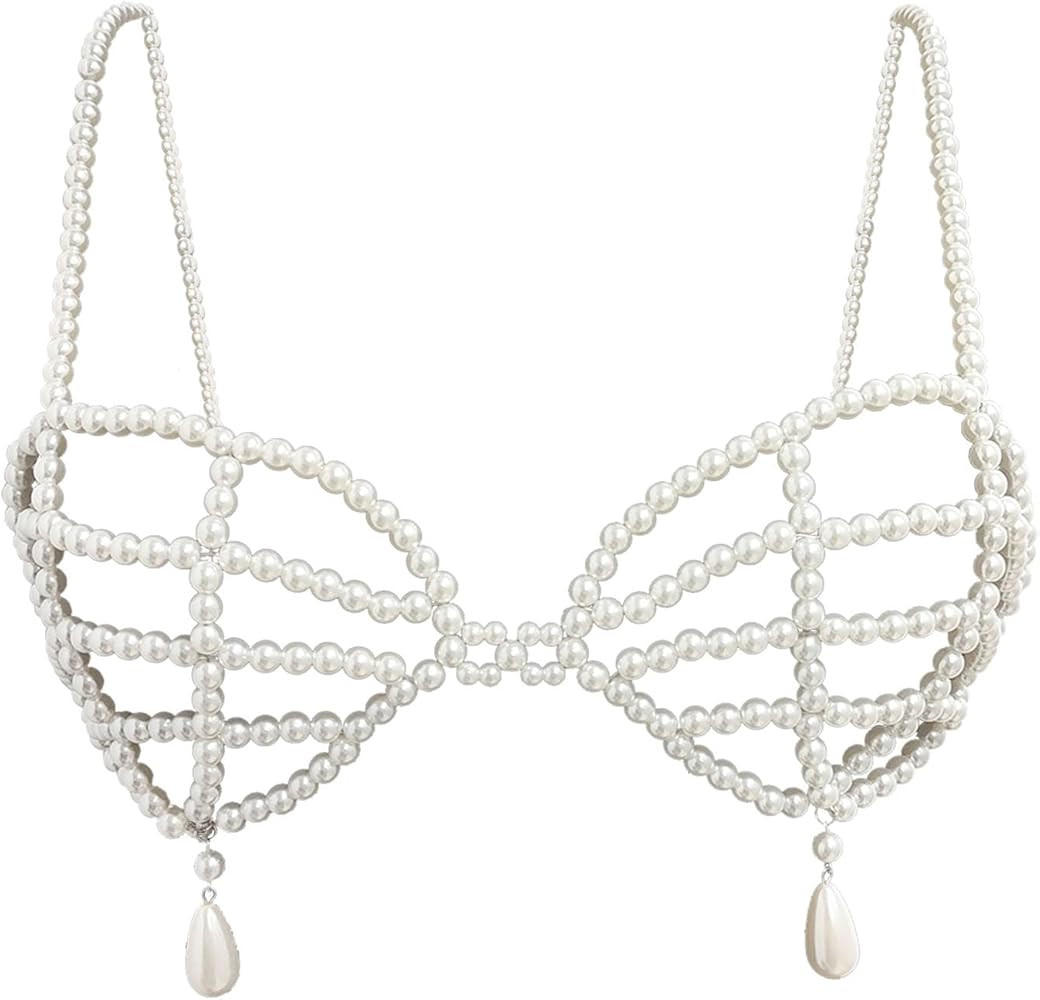 Women Pearl Beaded Bra Top Body Chain Sexy Pearl Body Jewelry Bikini Pearl Bralette Bra Top for F... | Amazon (US)