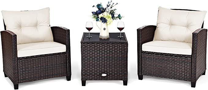 HAPPYGRILL 3 Pieces Patio Conversation Set Outdoor Rattan Wicker Bistro Sofa Set Patio Furniture ... | Amazon (US)