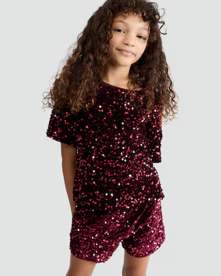 F&F Girls Sequin T-Shirt and Shorts Set in Burgundy | Tesco F&F