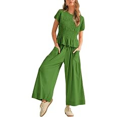 Antnation Womens 2 Piece Smocked Top Wide-Leg Pants Set High-Waisted Lounge Outfit with Pockets C... | Amazon (US)