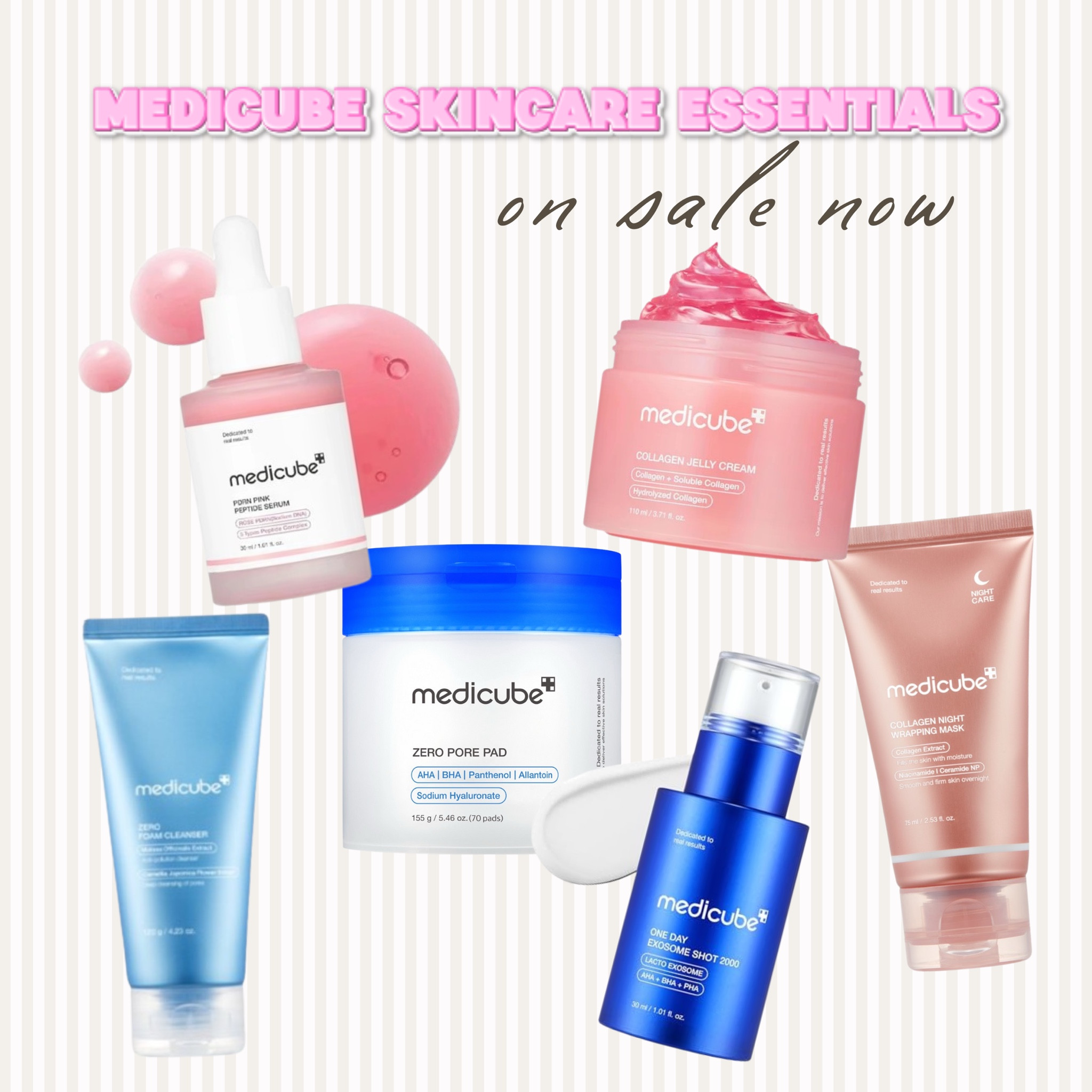 I have been using the Medicube skincare line for almost 2 months now and my skin has genuinely never looked better! 

Use the products in this order:
- Zero foam cleanser
- Pore pads
- Toner (not pictured)
- Pink serum
- Zero exisome shot (2-3x week)
- Collagen jelly
- Overnight mask

My breakouts, pores, and fine lines are nonexistent and the glass skin effect is so real. If you’re looking for a simple and effective skincare routine to follow, make sure to snag these products while they’re on sale! 

#LTKCyberWeek #LTKBeauty #LTKGiftGuide