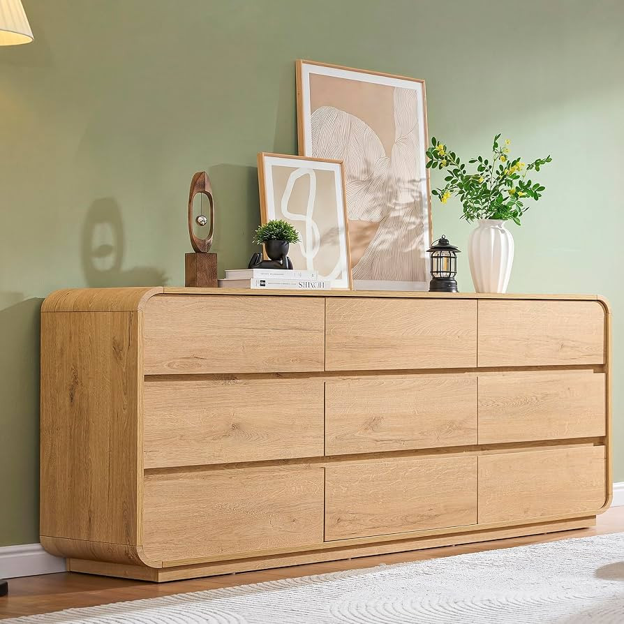 Standifurno Natural Dresser for Bedroom with 9 Drawers, 63" Wide Modern Drawers with Curved Desig... | Amazon (US)