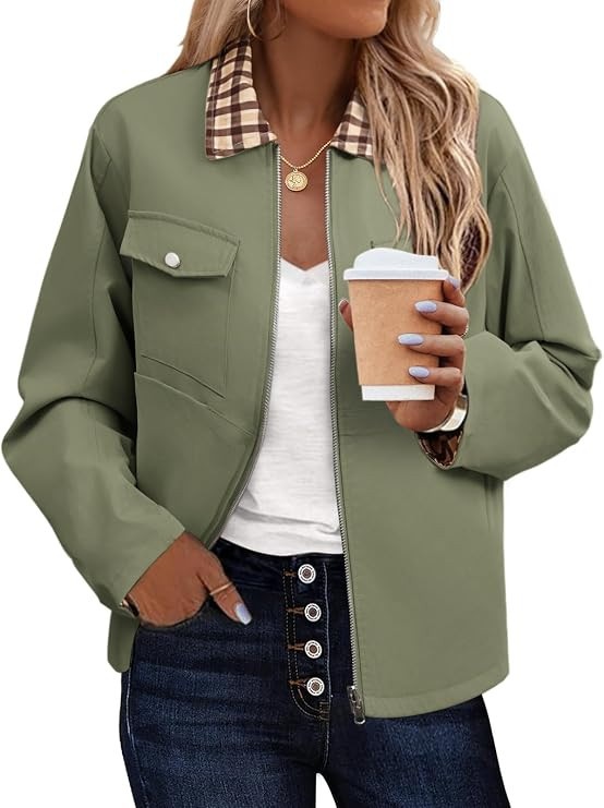 Womens Zip Up Lightweight Plaid Bomber Jacket 2025 Casual Long Sleeve Outwear With Pockets | Amazon (US)