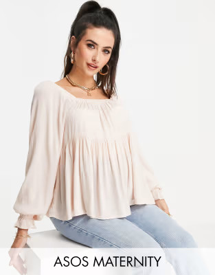 ASOS DESIGN Maternity square neck crinkle smock top in blush | ASOS (Global)