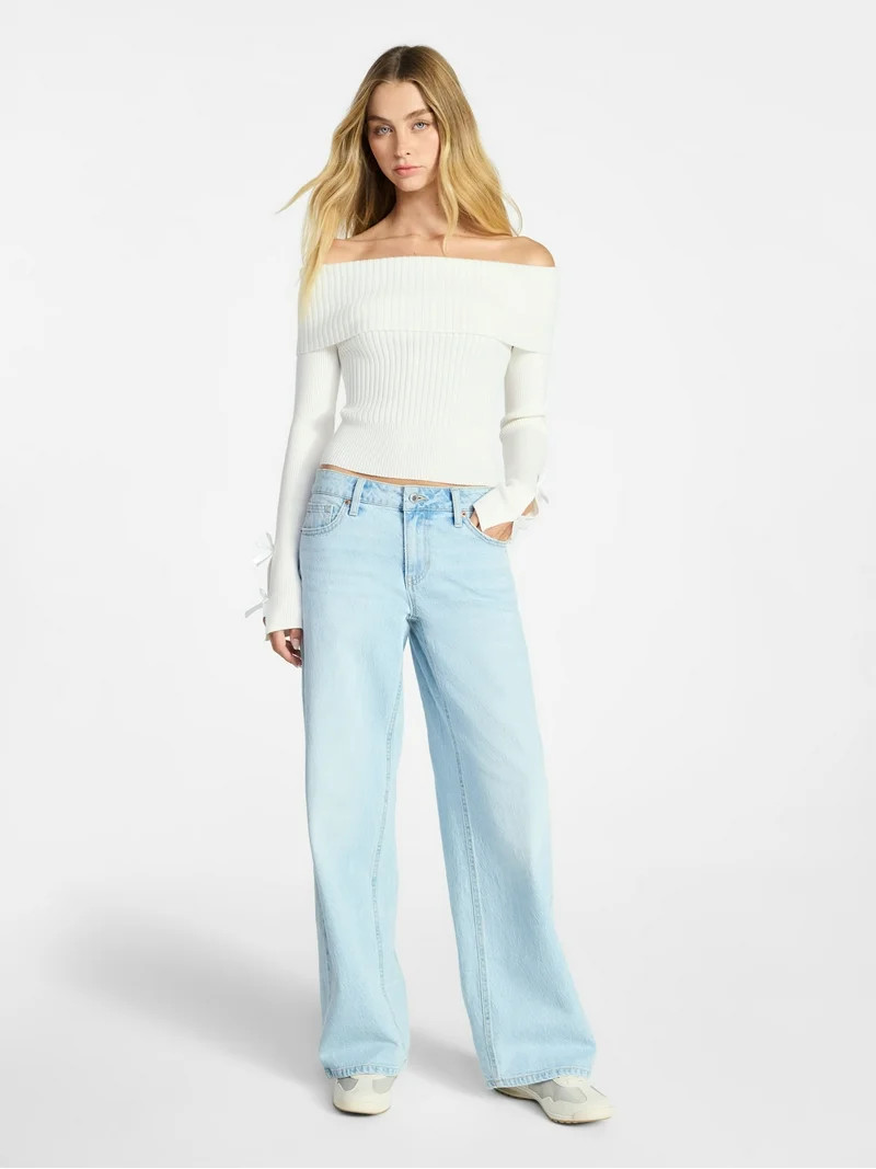 No Boundaries Off-The-Shoulder Pullover Top with Bow Sleeves, Women’s XXS-XXL | Walmart (US)