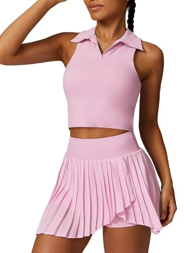 ABEHIK 2 Piece Tennis Dress for Women High Waisted Pleated Tennis Skirt Sets Sleeveless Racerback Padded Crop Top Summer Golf Workout Tennis Athletic Yoga Outfits with Pockets Pink S | Amazon (US)