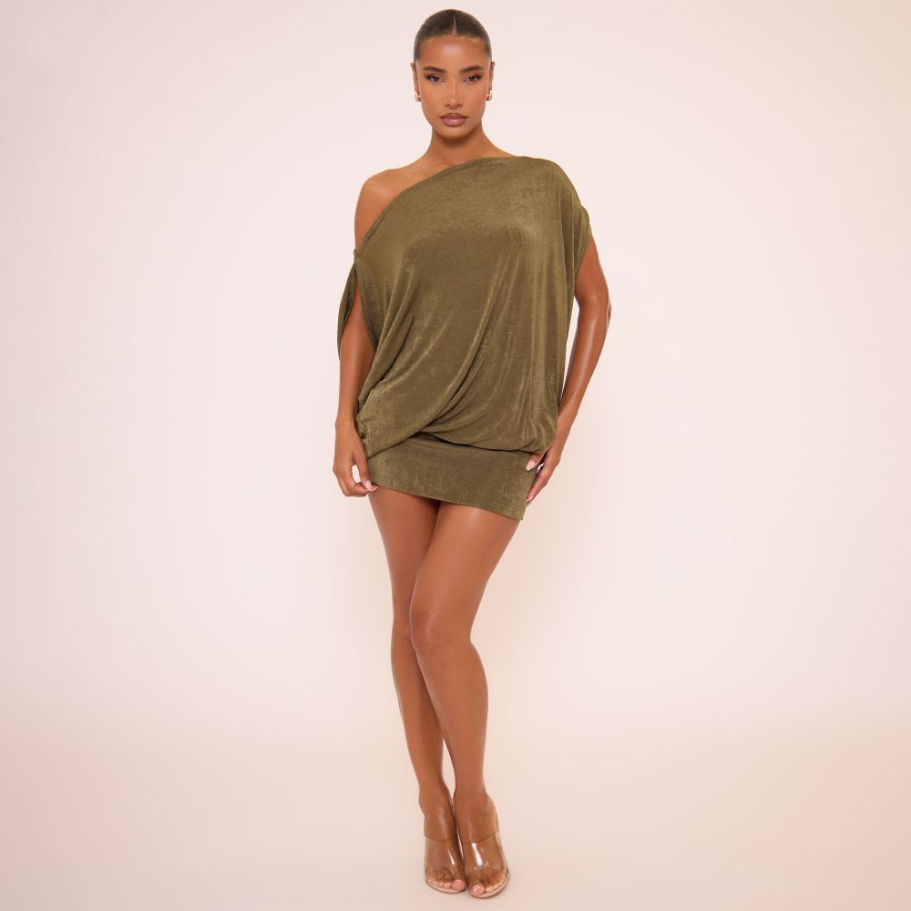 Off The Shoulder Draped Asymmetric Mini Dress In Khaki Green | EGO (UK)