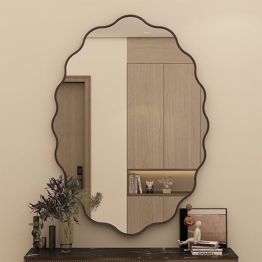 CHARMOR 24x36 Oval Bathroom Mirror, Matte Black Wavy Framed Bathroom Mirror, Irregular Mirror for... | Amazon (US)
