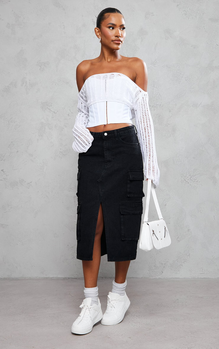 Washed Black Cargo Pocket Front Split Denim Midi Skirt | PrettyLittleThing UK