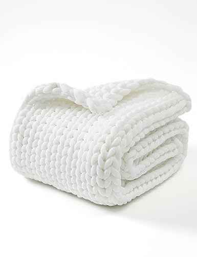 YnM Chunky Throw Blanket, Medium-Weight, Hand Knitted, Skin Friendly, Ventilated and Breathable, Machine Washable, Home Décor Piece for Couch, Sofa and Bed (White, 60x80 Inch) | Amazon (US)