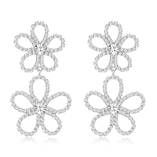 COORWEEL Large Silver Rhinestone Flower Dangle Earrings for Women Silver Flower Statement Earrings for Wedding Bridal Prom Jewelry | Amazon (US)