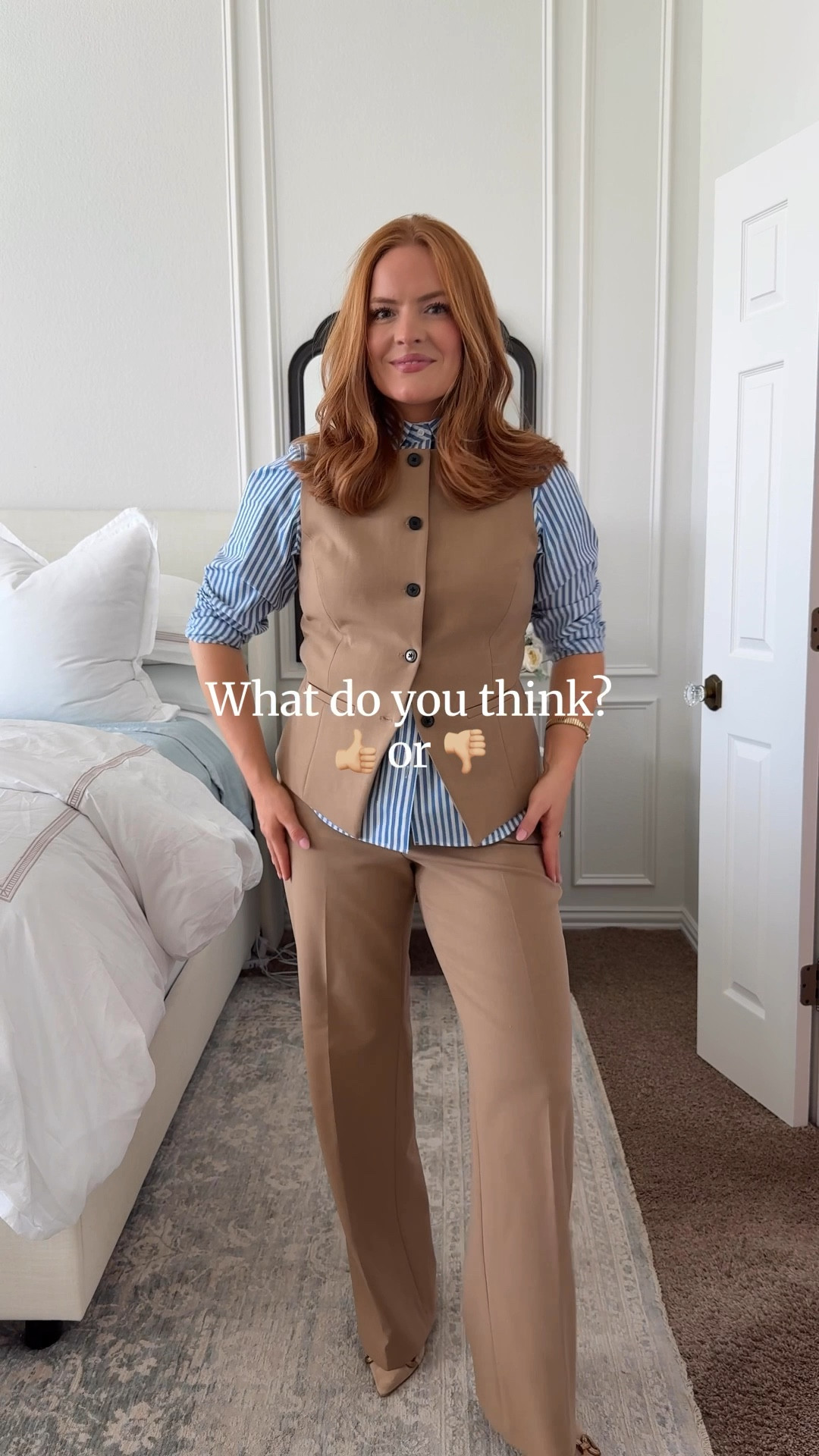 Tan vest and trousers set styled two ways for work 🤎 Wearing it alone is cute, but layering a striped button-down instantly makes it more polished and office-ready. Such an easy way to elevate a simple work outfit.

Perfect business casual outfit for the office, meetings, or when you want to look put together with minimal effort. Vest sets are one of my favorite workwear trends right now because they’re versatile and easy to style.

#workwear #businesscasual #officeoutfit #workwearstyle #vestoutfit #officefashion #corporatestyle #workoutfitideas #businesscasualstyle #workingmomstyle

#LTKootd #LTKmomlife #LTKWorkwear