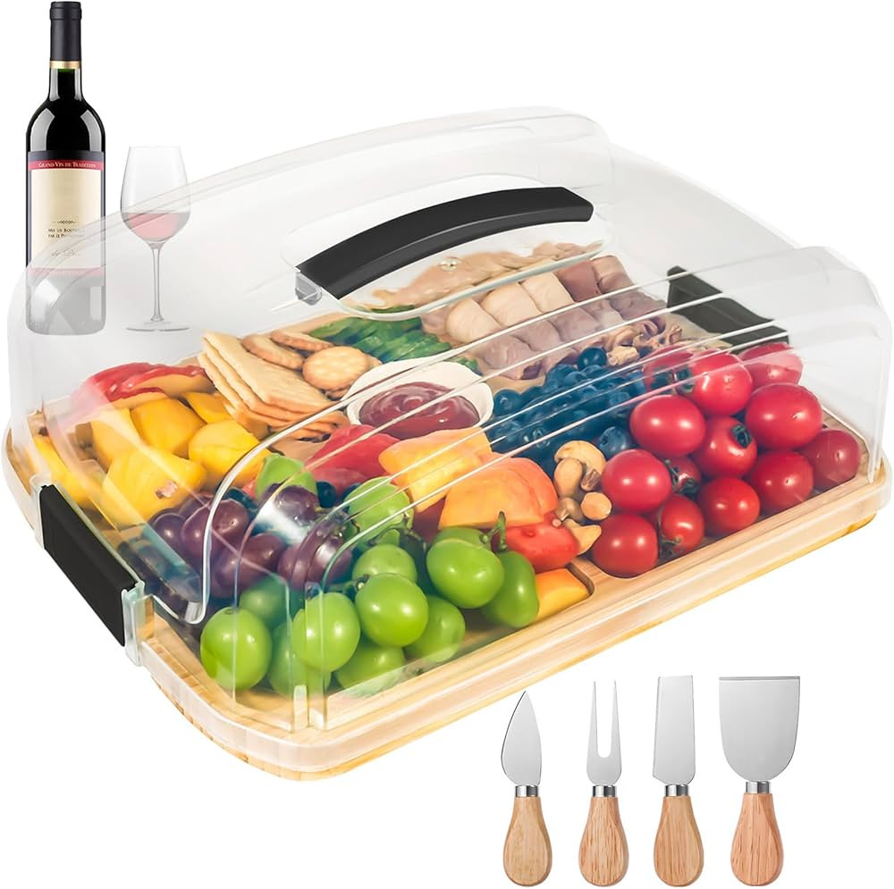 Portable Charcuterie Board with Lid for Travel, Bamboo Charcuterie Cheese Board with Cover Compar... | Amazon (US)