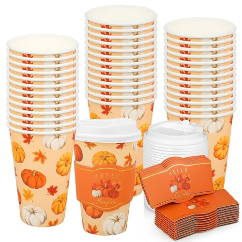 50 Pcs 16oz Fall Disposable Coffee Cups Pumpkin Maple Leaves Paper To Go Cups with Lids Sleeves Thanksgiving Harvest Beverage Hot Drinking Cups for Autumn Thanksgiving Hot Cold Drinks Supplies | Amazon (US)