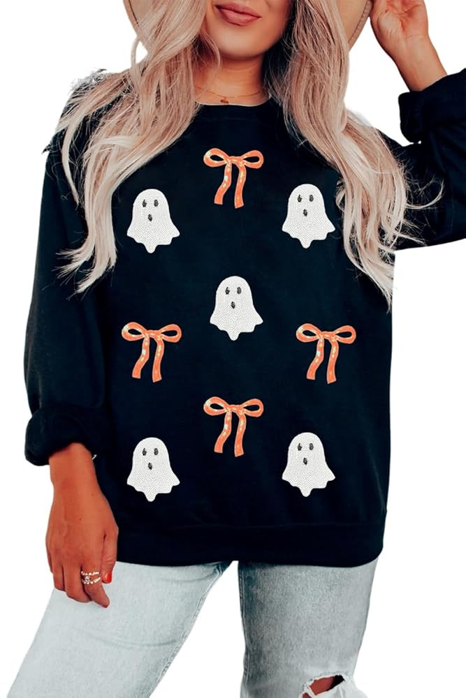 MARZXIN Sweatshirt For Women Black Halloween Ghost Bow Sequin Patched Drop Shoulder Sweatshirt | Amazon (US)
