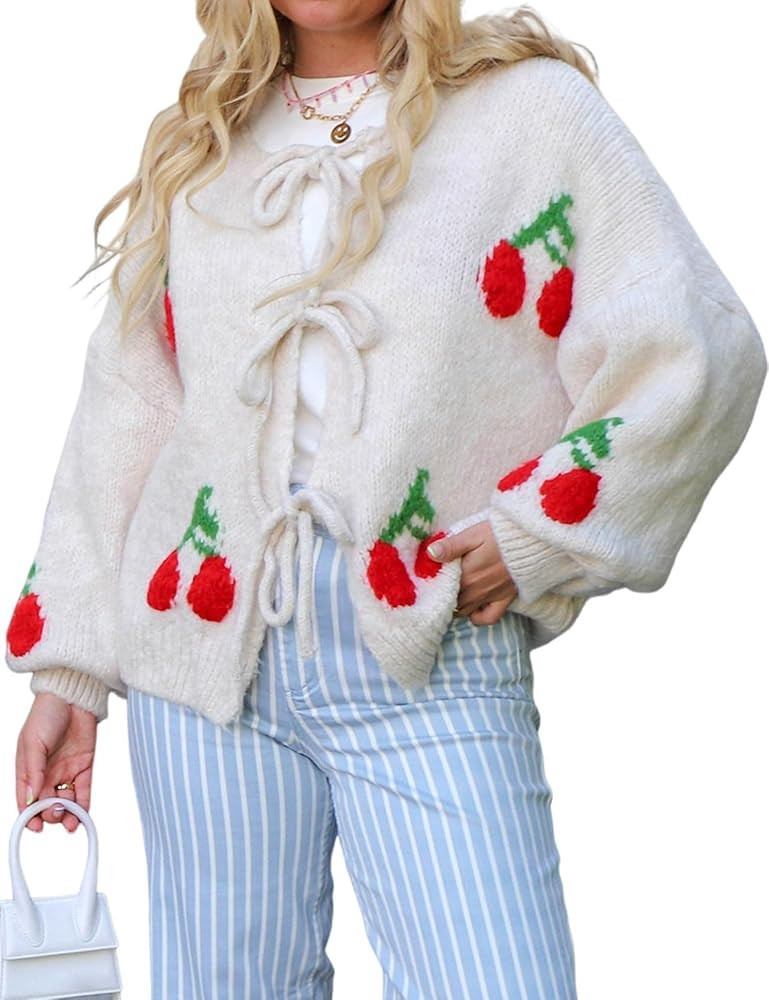 Yimoon Womens Bow Tie Front Cardigan Cute Cherry Open Front Y2k Sweater Oversized Chunky Knit Car... | Amazon (US)