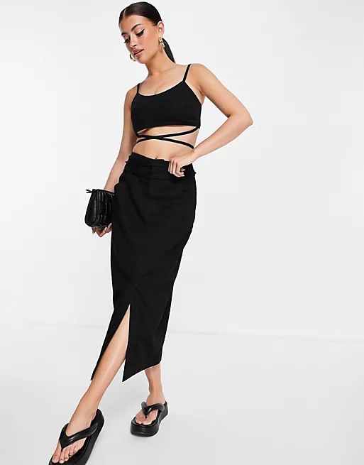 ASOS DESIGN denim strappy midi skirt in black - part of a set | ASOS (Global)
