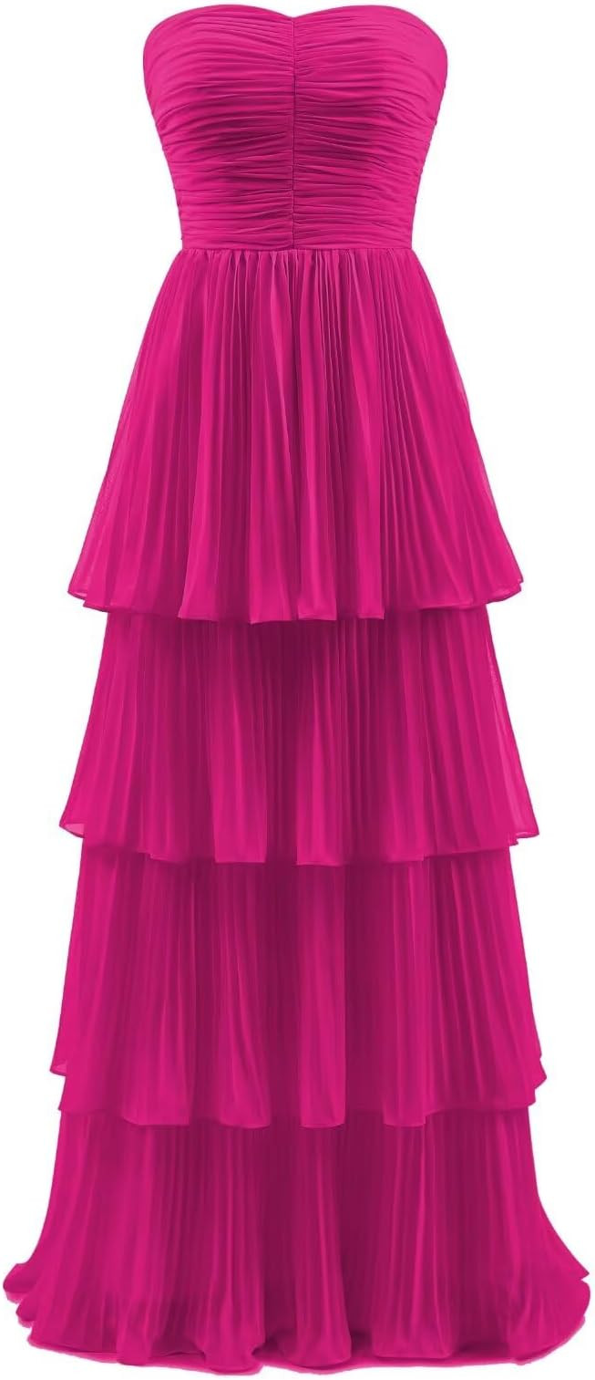 Tiered Chiffon Bridesmaid Dresses for Women Strapless Wedding Guest Dress Long Prom Formal Evenin... | Amazon (US)