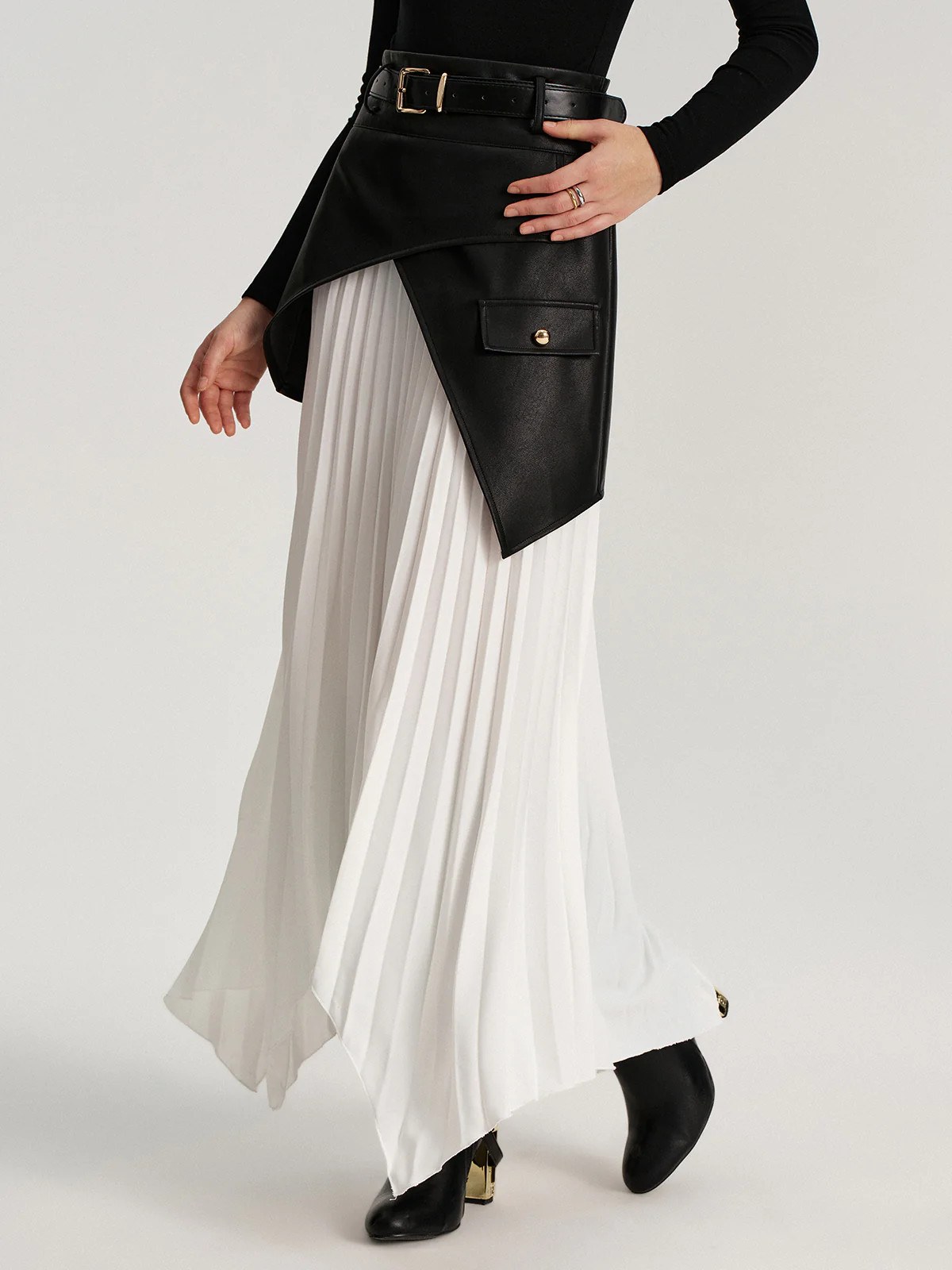 Belted Asymmetric Faux Leather Panel Pleated Maxi Skirt | Commense