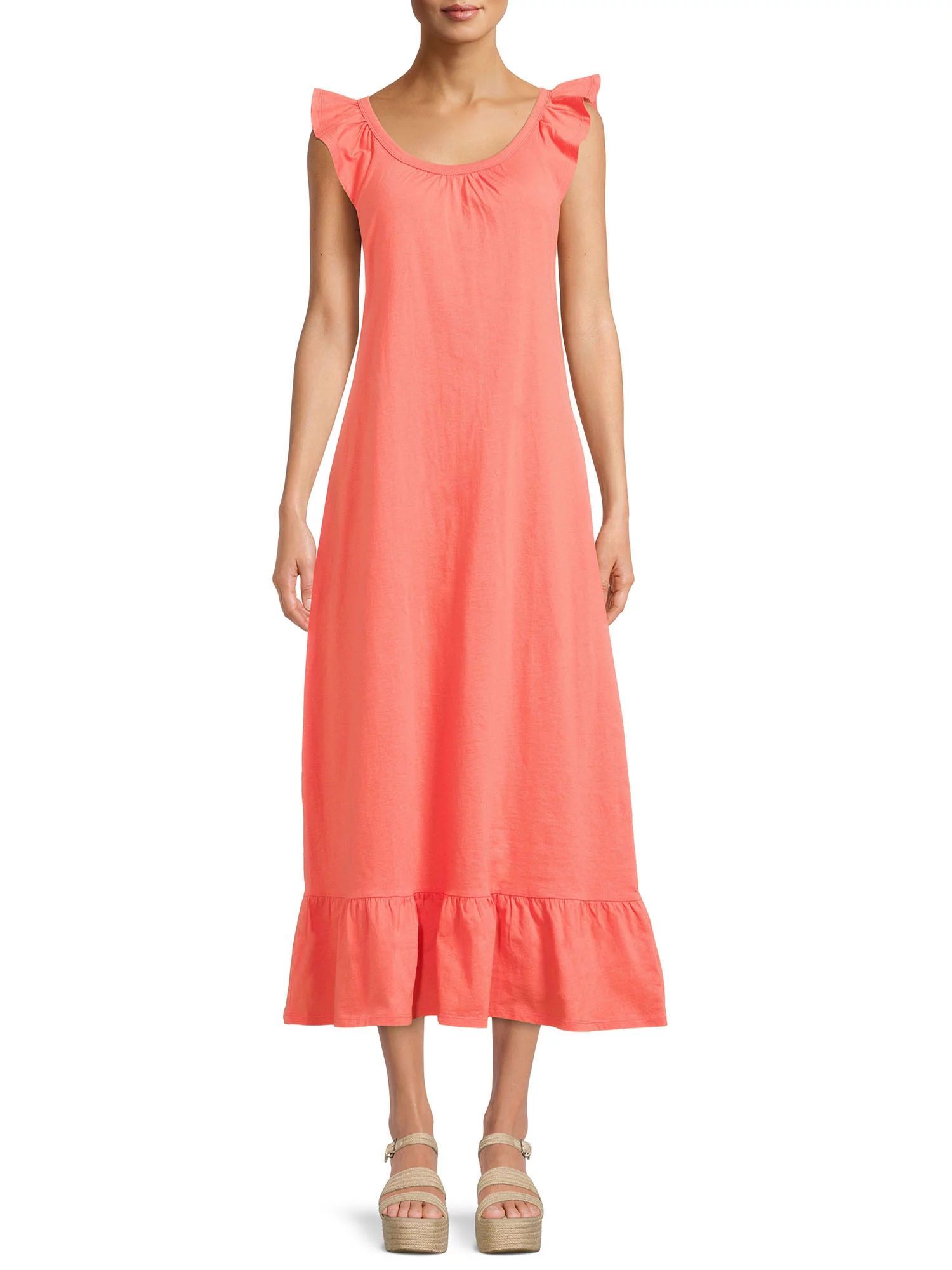 Time and Tru Women's Puff Sleeve Midi Dress - Walmart.com | Walmart (US)
