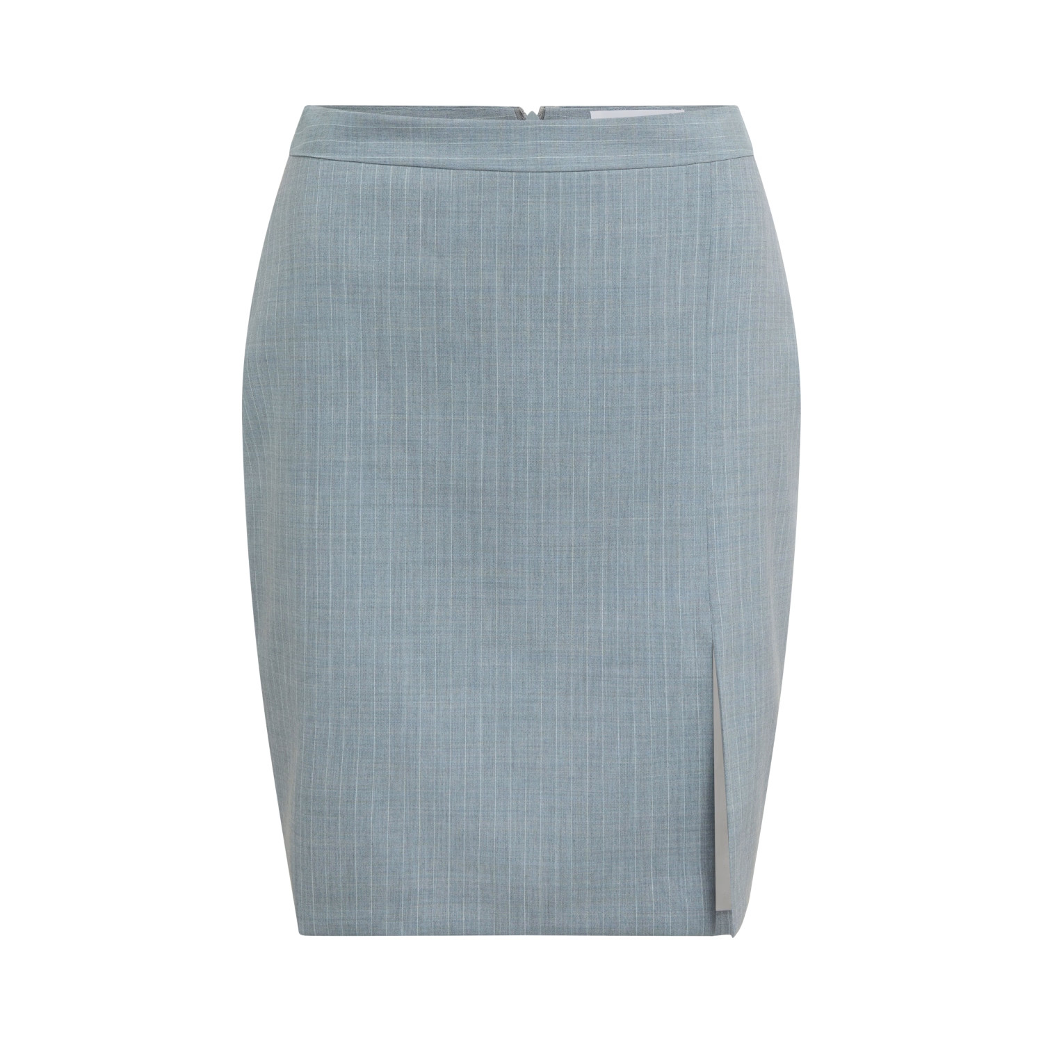 Alicia Tailored Knee-Length Skirt With Slit In Mist Blue With White Stripe | Wolf & Badger