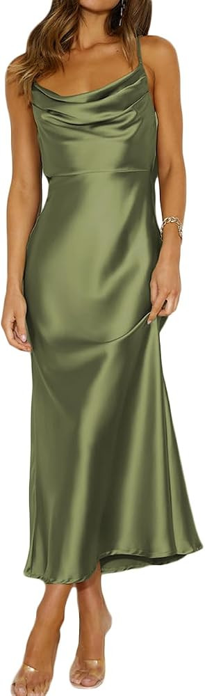 Mogidol Womens Summer Satin Cowl Neck Backless Midi Dress Wedding Guest | Amazon (US)