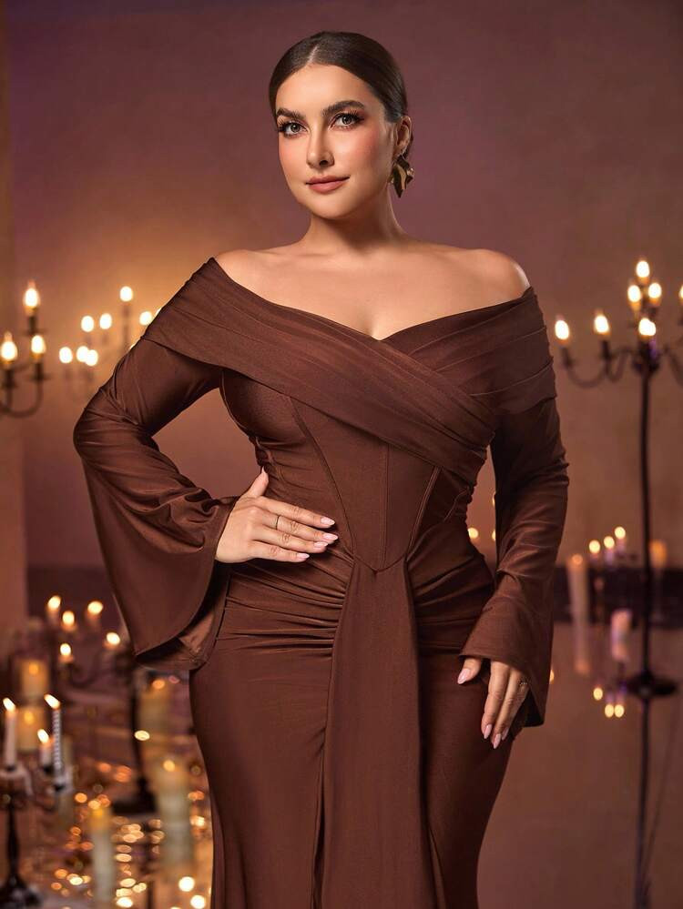 Glamrae Plus Size Elegant Romantic Brown Off Shoulder Flare Sleeve Ruffle Collar Fitted Mermaid Hem With Train Formal Evening Gown | SHEIN